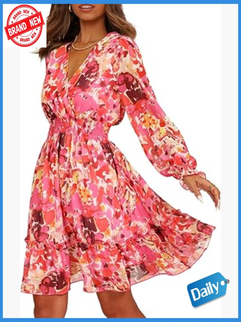 Floral Chiffon Long Sleeve Mini Dress Wrap Neck Tie Back A-Line Flowy